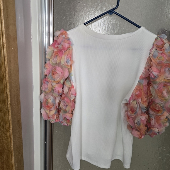 BiBi White Top with Multicolor Floral Sleeves - Picture 2 of 3